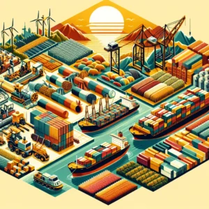 Collage of agriculture, textiles, and machinery representing Vietnam's exports.