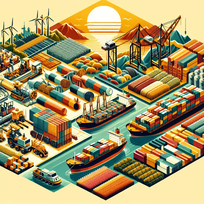 Collage of agriculture, textiles, and machinery representing Vietnam's exports.